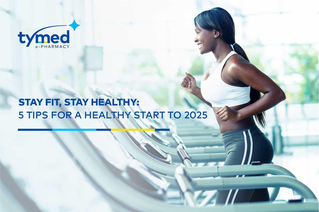Fitness-themed header showing woman jogging on treadmill with enthusiastic smile, accompanied by text 'Stay Fit, Stay Healthy: 5 tips for a healthy start to 2025'