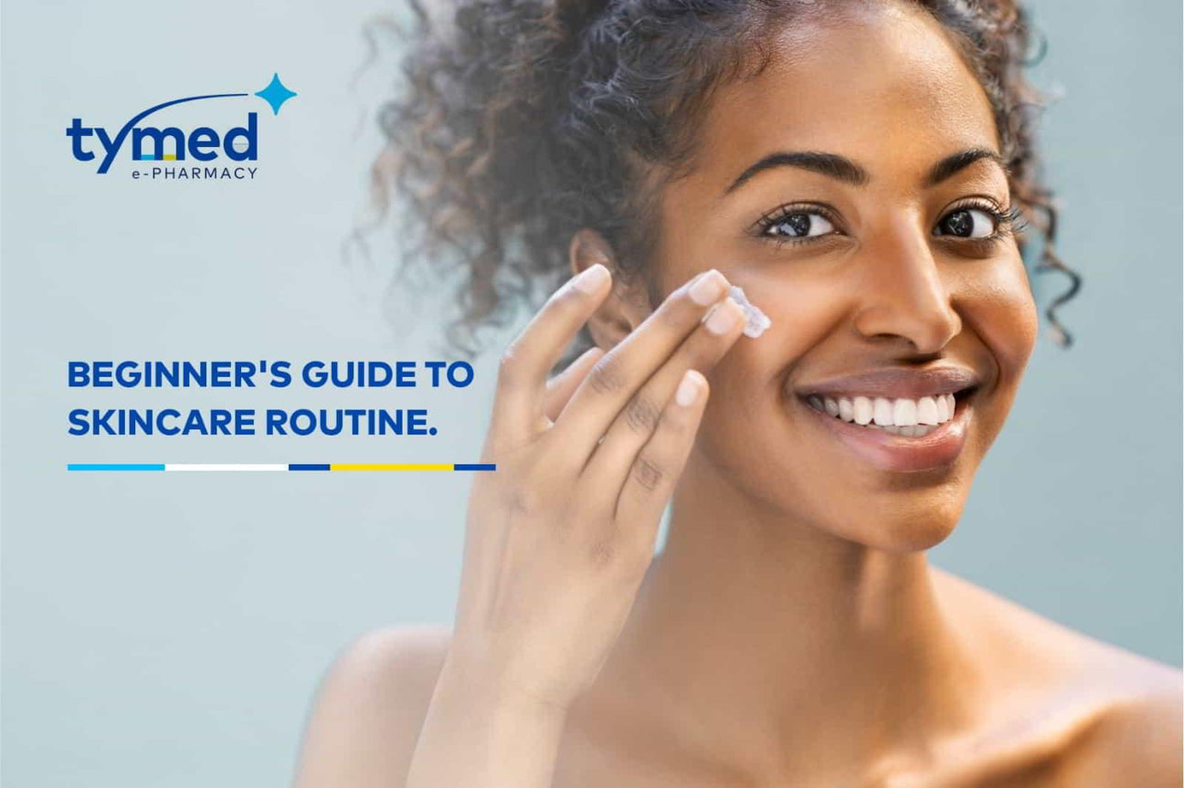 Skincare-themed header showing woman gently applying facial moisturizer, with relaxed smile, accompanied by text 'Beginner's guide to skincare routine'